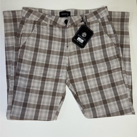 GINGTTO Men's Brown Plaid Skinny Fit Stretch Trousers | Size 32 NWT - Picture 1 of 6